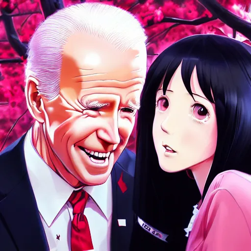 Image similar to photorealistic Joe Biden meets a beautiful smiling anime girl with black hair and hime cut sitting under a tree, Stanley Artgerm Lau, WLOP, Rossdraws, Ilya Kuvshinov, artstation