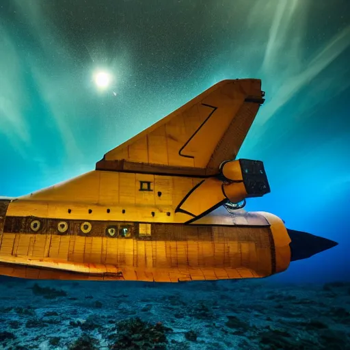 Prompt: dreamlike film photography of a 1920s wooden space shuttle at night underwater in front of colourful underwater clouds by Kim Keever. In the foreground floats a seasnake. low shutter speed, 35mm