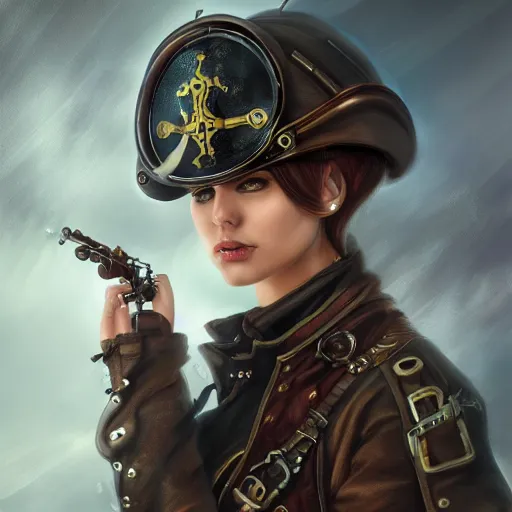 Image similar to beautiful futuristic young woman as a steampunk pirate captain, airship, thunderstorm, diffuse lighting, fantasy, intricate, highly detailed, lifelike, photorealistic, digital painting, artstation, illustration, concept art, smooth, sharp focus
