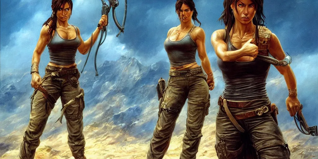 Prompt: exhausted Lara Croft after a battle, dirty sweaty face, epic stance posing, very very epic painting by Boris Vallejo