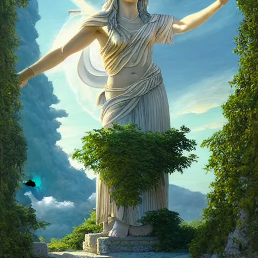 Image similar to beatiful Athena godess looking from a giant Zeus head, greek temple of olympus glory island little wood bridge painting of tower ivy plant in marble late afternoon light, wispy clouds in a blue sky, by frank lloyd wright and greg rutkowski and ruan jia