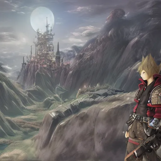 Image similar to matte painting of Final Fantasy in the style of Akihiko Yoshida | trending on artstation