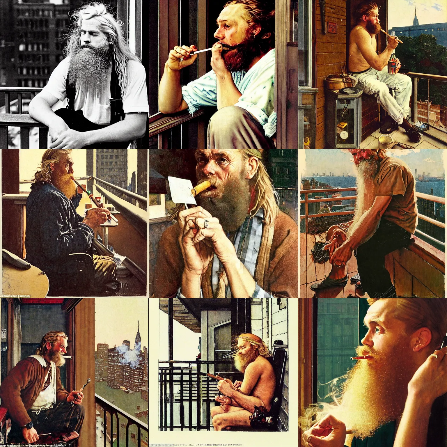 Prompt: norman rockwell portrait of a 20-something, hefty, nordic man with long blonde hair and a (shaggy) beard smoking a joint on a balcony in New York City, Norwegian Man