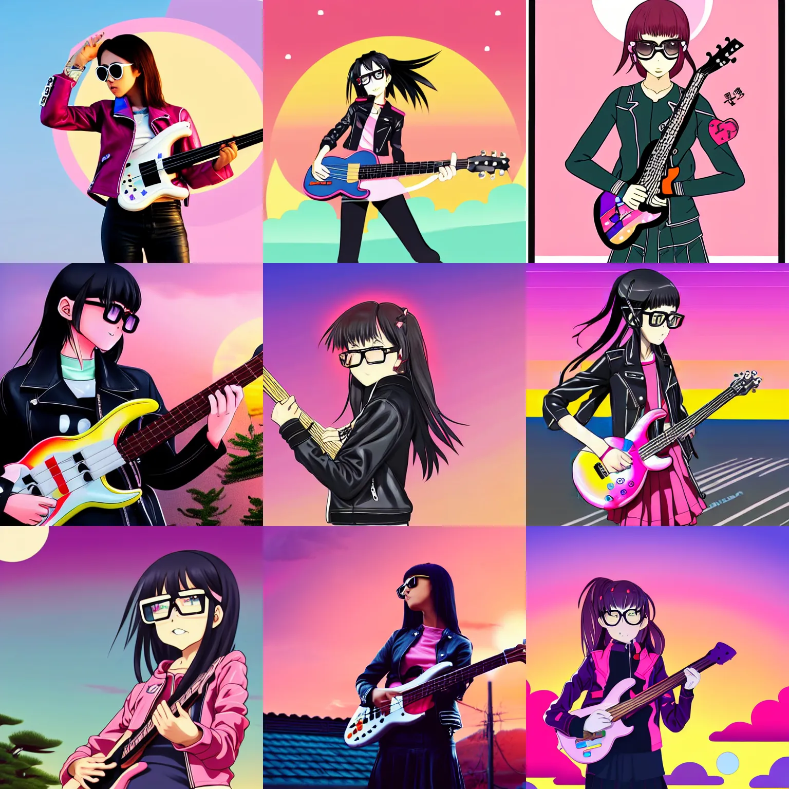 Prompt: anime girl dressed in a leather jacket with multi - colored badges and fashionable glasses stands on the roof of a japanese house with a pink bass guitar in her hands against the backdrop of a magical sunset, side view, plays the guitar and sings, comic