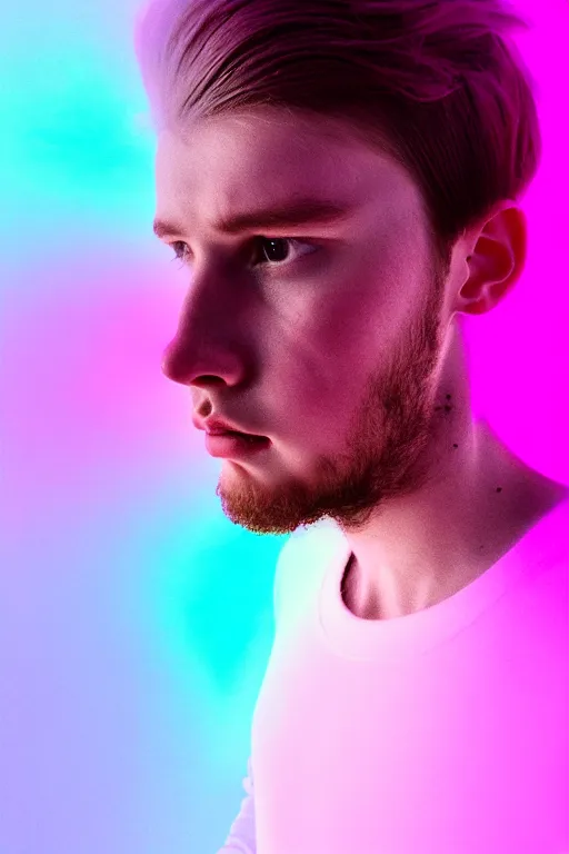 Image similar to high quality pastel coloured film mid angle selfie photograph of a beautiful young man, soft features, standing in an icelandic black rock environment. atmospheric. three point light. photographic. art directed. ( pastel colours ). volumetric light. stark. waves glitch. 8 k. filmic.