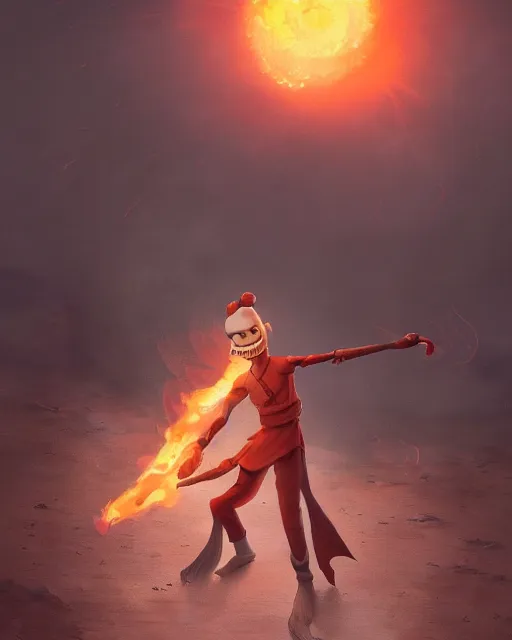 Image similar to squidward with four legs wearing fire nation clothing and practicing firebending outside at susnset, [ greg rutkowski ]