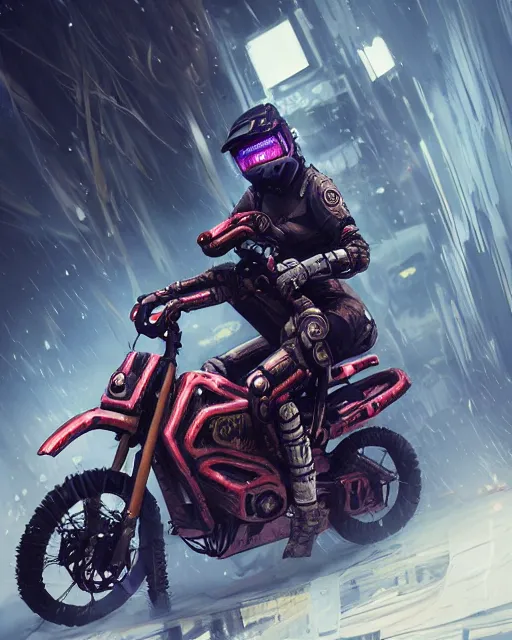 Image similar to koyto animation girl wearing cyberpunk intricate streetwear riding dirt bike, respirator, detailed portrait, cell shaded, 4 k, concept art, by wlop, ilya kuvshinov, artgerm, krenz cushart, greg rutkowski, pixiv. cinematic dramatic atmosphere, sharp focus, volumetric lighting, cinematic lighting, studio quality