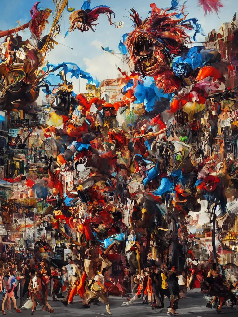 Prompt: a beautiful painting of a carnival with enormous fallas monsters in the streets of valencia by conor harrington, realistic colors