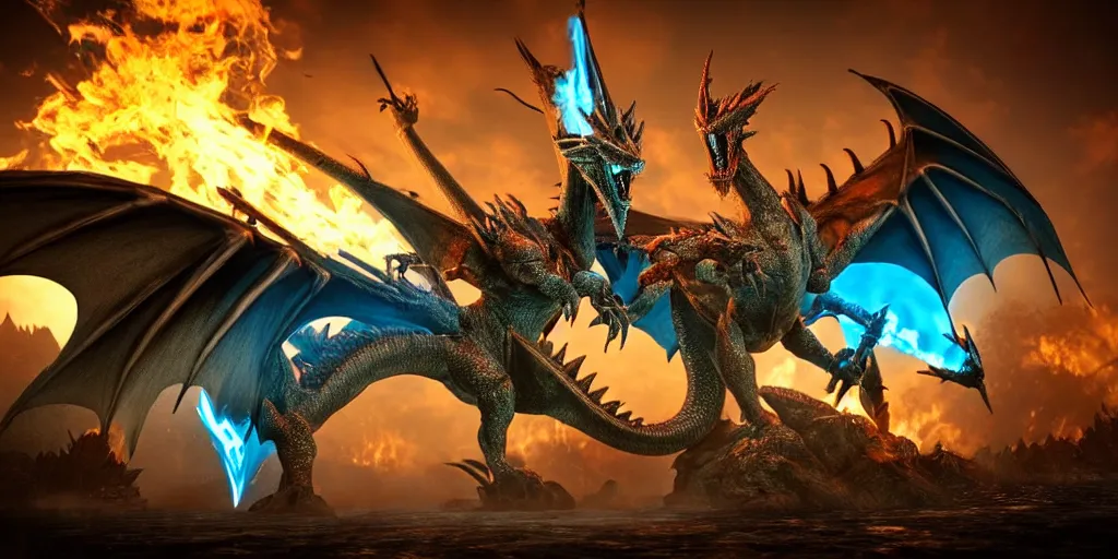 Image similar to 3 d model dragon in the style of monster hunter, breathing fire on a knight with a lance and shield in the style of final fantasy, realistic, fisheye lense, blue and orangelighting, rim lighting, cinematic feel, in a forest, unreal engine 4, game art, trending on art station