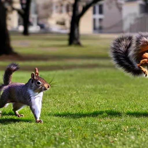 Prompt: A dog chasing a squirrel through a public park.