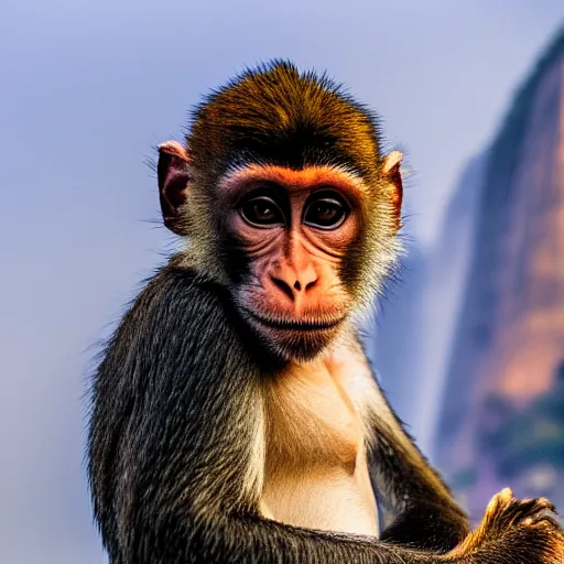 Image similar to high quality portrait of a monkey in front of Christ The Redeemer, studio photograph, photograph, realistic photo, 8k photo, 4k photo, stock photo, high resolution, cinematic shot, high detail