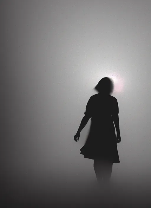 Image similar to a female silhouette walking, astral projection, white glowing aura, out of body, fog, film grain, cinematic lighting