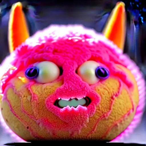 Image similar to an alien with a face that looks like a fuzzy peach the peach is fuzzy pink warm and ripe the alien has horns and a mean smile the alien has chicken feet cruel smile, 4k, highly detailed, high quality, amazing, high particle effects, glowing, majestic, soft lighting, detailed background