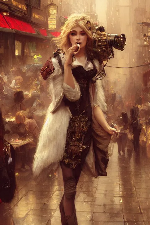 Prompt: beautiful portrait of an attractive white female anthro wolf smoking a cigarette in a bustling crowd of a rainy city street, steampunk, female fursona, 4 k, trending on artstation, by gaston bussiere, craig mullins, artgerm, greg rutkowski, alphonse mucha