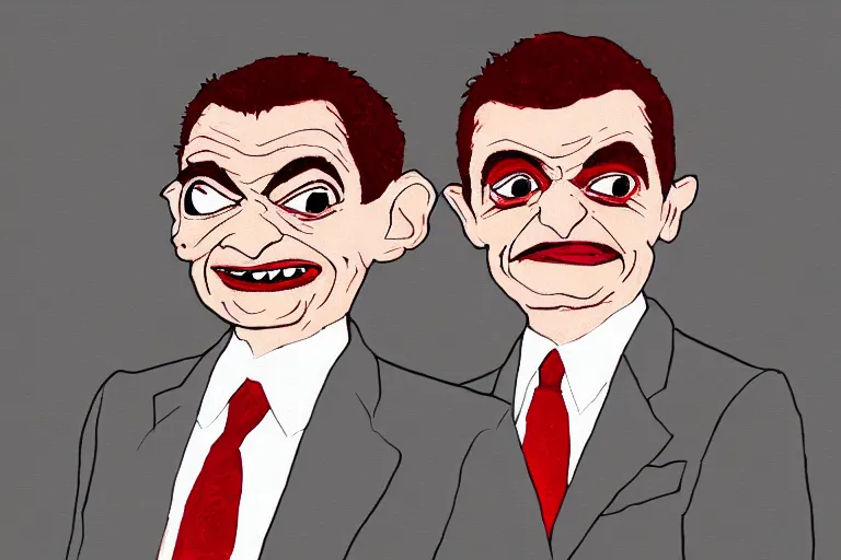 Prompt: red on white background ms paint doodle of group portrait of mr bean grey goblin looking funny looking smug