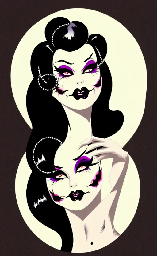 Image similar to goth girl with a detailed face and black hair, burlesque psychobilly, rockabilly, punk, white background, vector art, illustration by frank frazetta