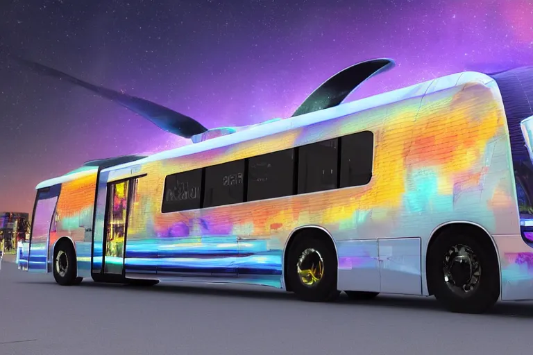 Image similar to photo of a futuristic nightliner bus outside in las vegas at night, custom airbrush paintjob, band name on the bus is tripmachine, realistic digital art, textured with a 3 d render of a huge futuristic steampunk generator, 8 k, fluorescent colors, halluzinogenic, multicolored, exaggerated detailed, unreal engine