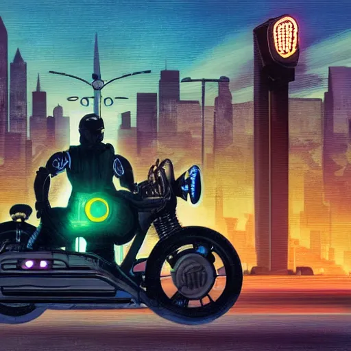 Prompt: cyborg rides a motorcycle down gotham city art deco highway, goliath statue support beams, ayn rand raised highway, filiment buld traffic lights, golden light, dark oil painting, global illumination