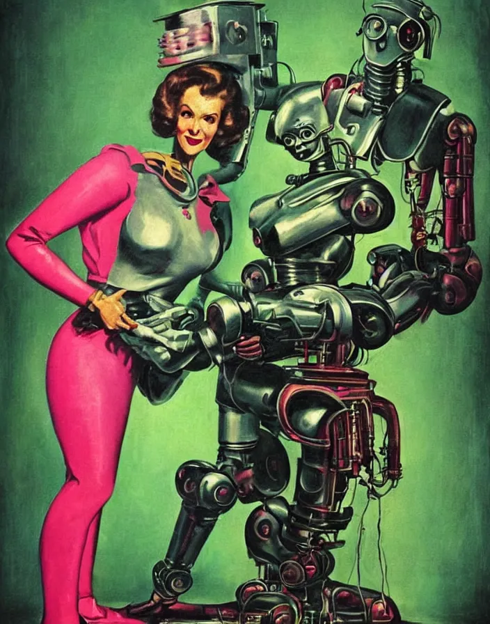 Prompt: a female housewife!!!! being hugged by a manly metal - suited!!! robot!!!!, 1 9 5 0 s horror film movie poster style, ( norman rockwell oil painting ), close - up shot, tight shot, retro science fiction, vintage, saturated pink and green lighting, shadowy lighting