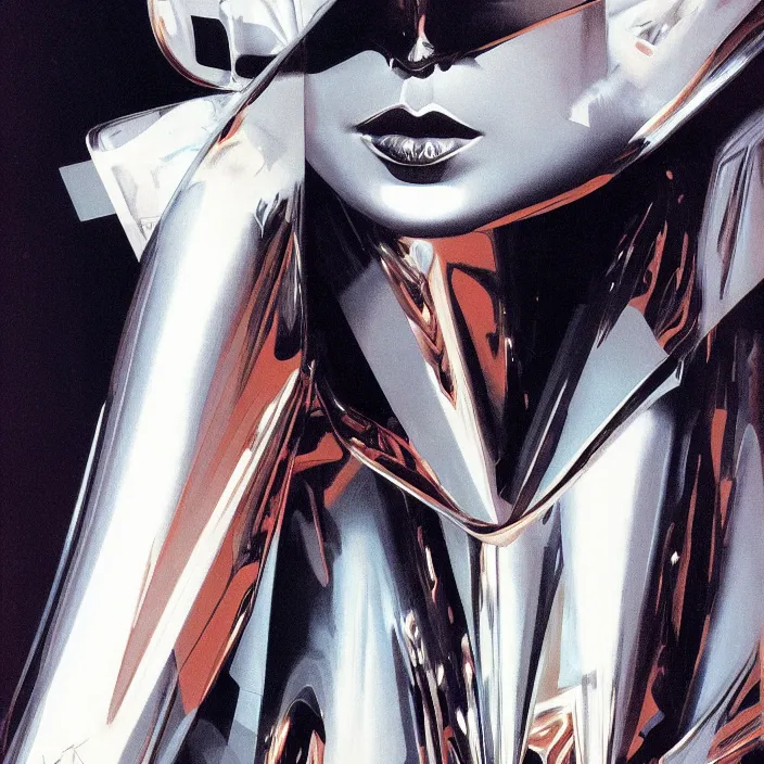 Image similar to metallic portrait of a gothic maiden, sharp focus, futuristic, ballistic, aerodynamic, feminine, cute, by syd mead