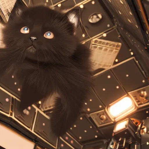 Image similar to black kitten inside international space station, artstationhd, cinema 4 d, cgsociety, octane render, trending on artstation, unreal engine, detailed fur