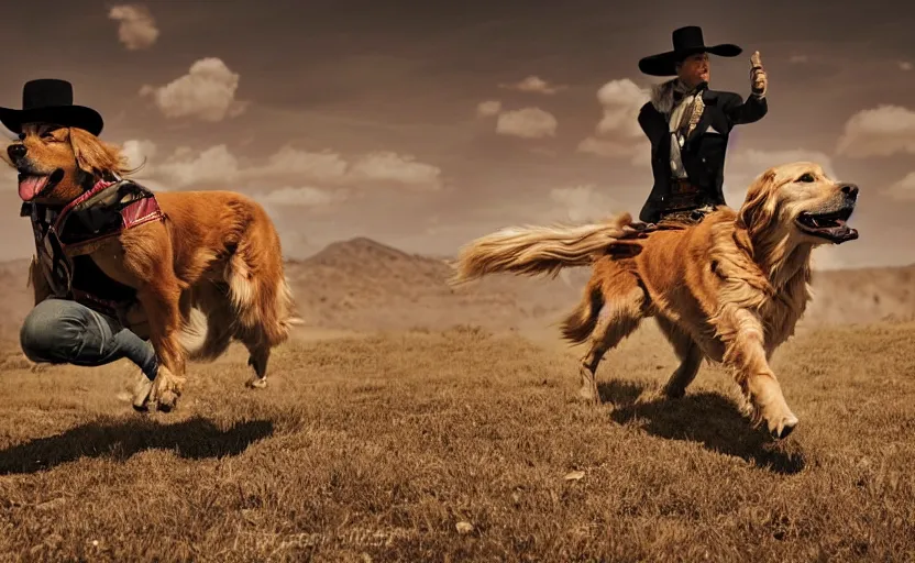 Prompt: a golden retriever robbing a wild west bank, cinematic style photograph