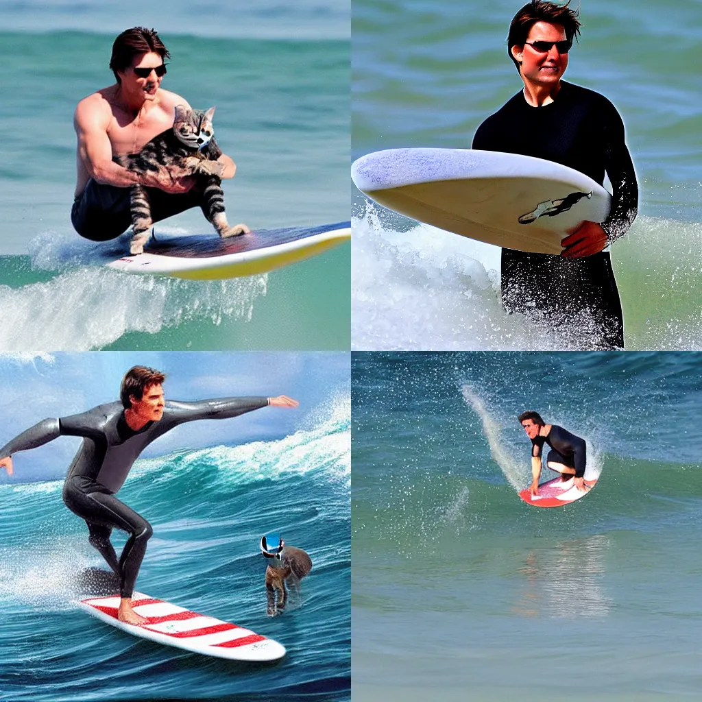 Prompt: Tom Cruise surfing with his pet kitten, photorealistic