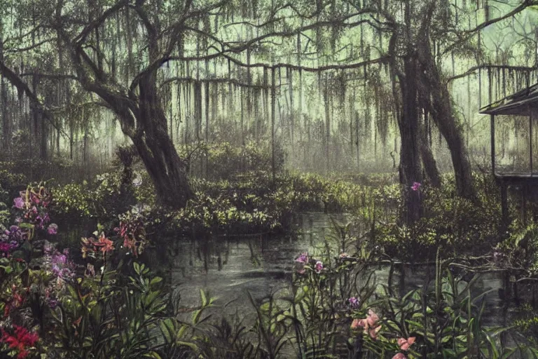 Image similar to hyperrealism oil painting, scene from louisiana swamps, spaceship sank, spring blooming flowers garden, true detective, 8 0 s japanese sci - fi books art