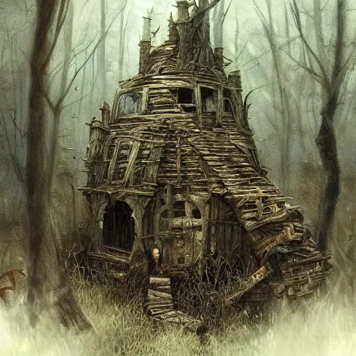 Image similar to dilapidated cardboard fort, hidden away within the witchwood swamp, overgrown, mist, rotting, detailed intricate ink illustration, dark atmosphere, detailed illustration, hd, 4k, digital art, overdetailed art, concept art, by greg rutkowski, by loish, complementing colors, Trending on artstation, deviantart