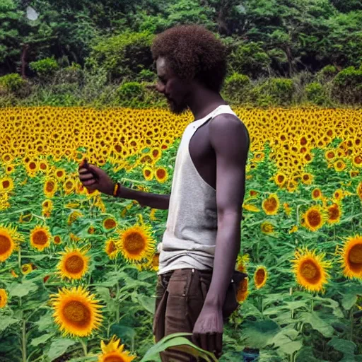 Image similar to east african man with curly hair in a studio ghibli film, animation, field of sunflowers, dreamy, roaming, curious, colorful, intricate details