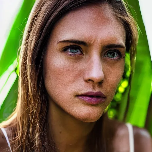 Prompt: portrait of a stern face wearing a vizor and reflective light standing in a bright jungle detailed portrait photo 8k HD detailed 105mm f2.8