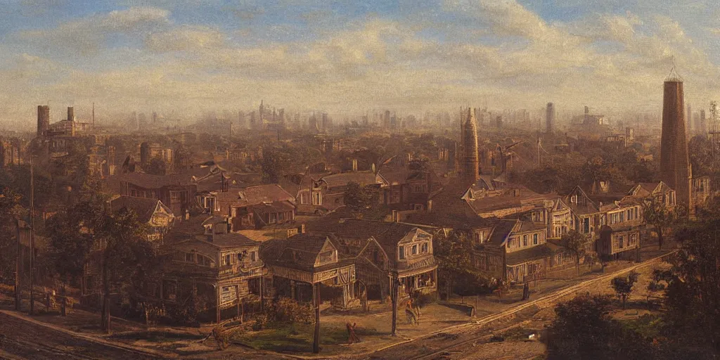 Prompt: portrait of a victorian town skyline, morning sunlight, 1 9 th century, highly detailed, cinematic lighting, painting in the style of john ward