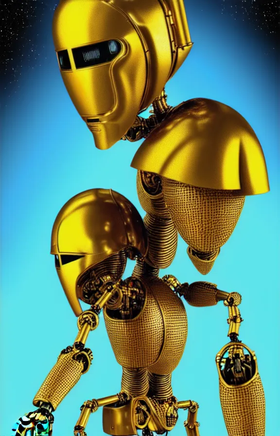 Image similar to portrait of a robot humanoid alien with golden armature and medieval helmet. Galactic iridescent background in the style of Tim white and moebius