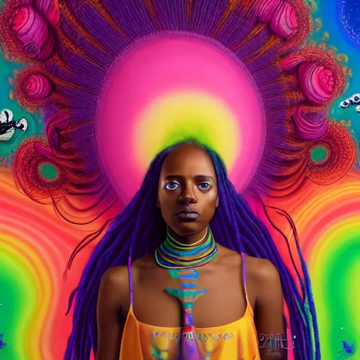 Image similar to a wide angle shot of a black girl with colorful dreadlocks in a field of candy, by Adi granov and afarin sajedi and amanda sage and evgeni gordiets and Agostino Arrivabene and adonna khare in a psychedelic portrait style, ultrarealistic matte painting, volumetric lighting, fractal, extremely symmetrical, highly detailed face, orisha, 8k, hd