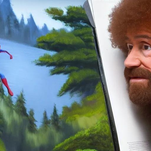 Image similar to a closeup photorealistic photograph of bob ross working on a canvas painting of spiderman. film still. brightly lit scene. mountains and trees. this 4 k hd image is trending on artstation, featured on behance, well - rendered, extra crisp, features intricate detail, epic composition and the style of unreal engine.