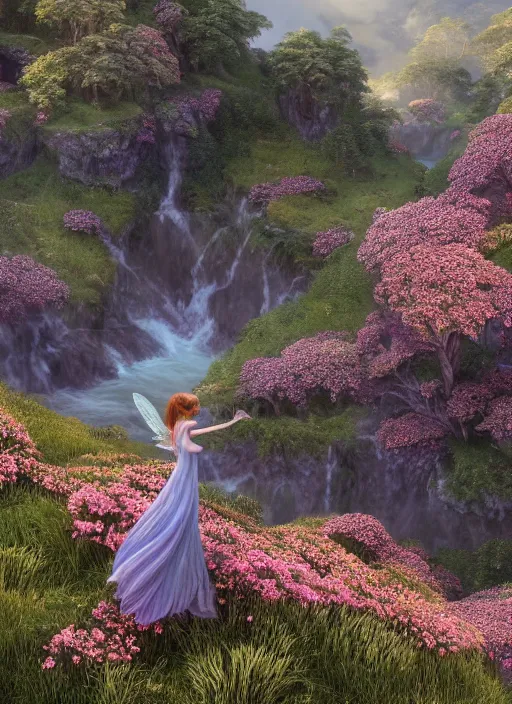 Prompt: an elegant fairy with wings of lace looking at a lord of the rings scenery landscape, vast lush valley flowers and wood structures, stream, sunrise, god's rays highly detailed, vivid color, cinematic lighting, perfect composition, 8 k, gustave dore, derek zabrocki, greg rutkowski, belsinski, octane render