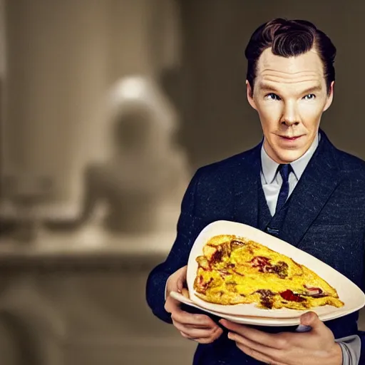 Prompt: benedict cumberbatch in a universe where he is an omelette, highly detailed, extremely high quality, hd, 4 k, 8 k, professional photographer, 4 0 mp, lifelike, top - rated, award winning, realistic, detailed lighting, detailed shadows, sharp, no blur, edited, corrected, trending