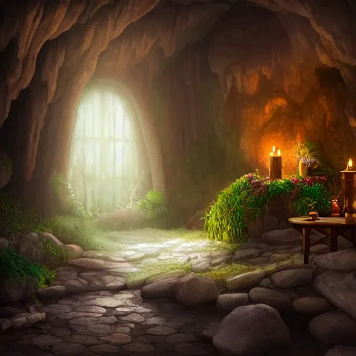 Prompt: cozy bathhouse hidden in a cave, candlelight, towels, cushions, natural light, lush plants and flowers, elegant, intricate, fantasy, atmospheric lighting, digital painting, concept art