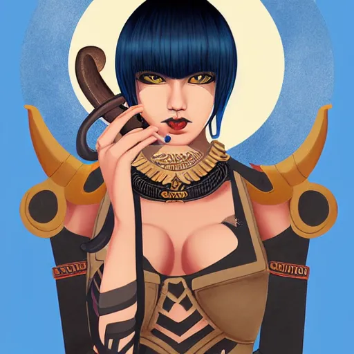 Image similar to illustrated portrait of ram-horned devil woman with blue bob hairstyle and tanned colored skin and with solid black eyes wearing leather by rossdraws