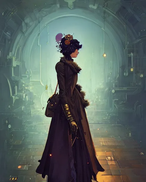 Prompt: a beautiful woman, aristocrat cloak, steam punk, mechanical parts, fantasy, digital painting by ilya kuvshinov, greg rutkowski, wlop, james jean, victo ngai, beautifully lit, muted colors, highly detailed, dynamic pose, artstation, fractal arrows, fantasy art, intricate background by craig mullins, thomas kinkade