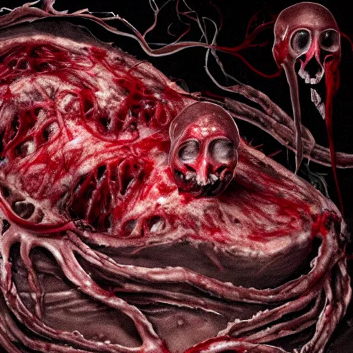 Prompt: a high-quality photo of a massive blood-oozing amorphous meat blob with a dozen of faces melting into the mangled mass of muscle, bones, and writhing tendrils made of bloody veins, lurking in the darkness, partially illuminated only by the camera flash, numerous dimly glowing eyes