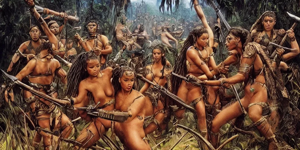 Image similar to movie, ancient battle in jungle, beautiful brutal aztec and Amazonian females fight, epic, vintage, blood, slight inspiration of Boris vallejo and apocalypto