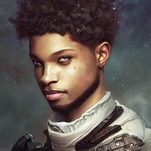 Prompt: a light skinned black man, short hair, photographer, using a macbook, happy, creative, fantasy digital painting, stunning intricate details, artwork by ross tran and greg rutkowski