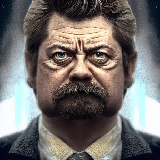 Image similar to Very very very very highly detailed epic central composition photo of Ron Swanson face, intricate, dystopian, sci-fi, extremely detailed, digital painting, smooth, sharp focus, illustration, intimidating lighting, incredible art by Brooke Shaden, artstation, concept art, Octane render in Maya and Houdini