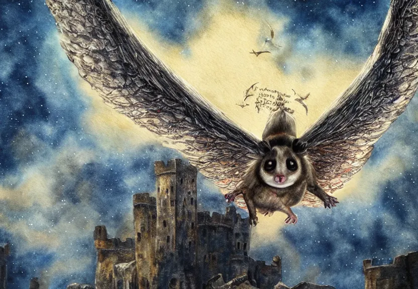 Image similar to epic winged possum flying over a medieval castle under a dark starred sky, dark fantasy, watercolor, dreaming illusion, highly detailed, 4k, trending on Artstation, award-winning