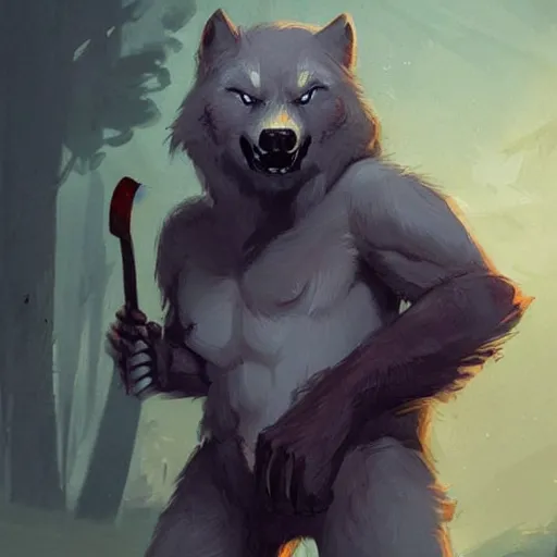 Image similar to cute handsome cuddly werewolf using a wooden club character concept art masterpiece digital art by Greg Rutkowski, Simon Stalenhag, trending on Artstation, CGSociety