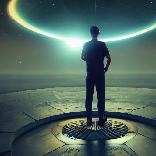 Image similar to Man stands infront of portal to another realm of mind, space, stars, planets, gate, gatekeeper, octane render, lifelike, photorealistic, smooth, concept art,