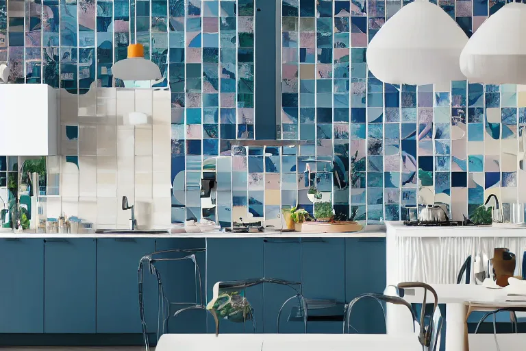 Prompt: IKEA catalogue, vaporwave kitchen with geometric tiles, gaudi