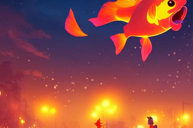 Prompt: fantasy art of glowing goldfish swimming in the air, in the streets of a japanese town at night, with people watching in wonder, in the style of studio ghibli and makoto shinkai, highly detailed digital art, trending on artstation