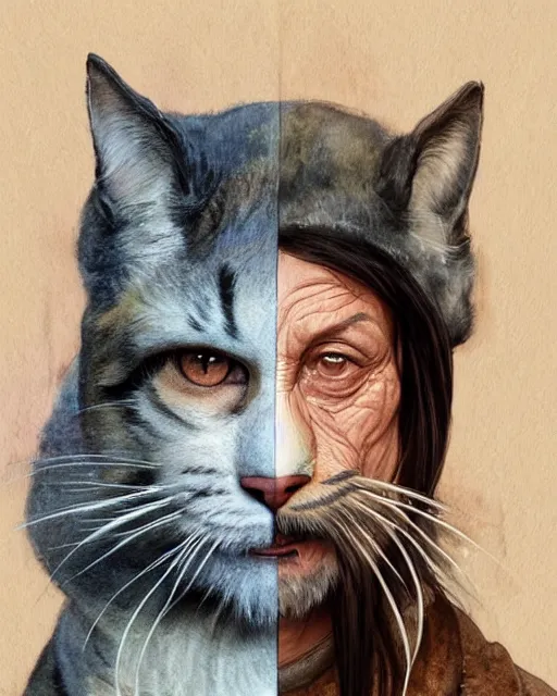Prompt: danny trejo with a cat's face, whiskers, mouth with fangs, fursona, highly detailed, romantic storybook fantasy, soft cinematic lighting, award, disney concept art watercolor illustration by mandy jurgens and alphonse mucha and alena aenami, pastel color palette, featured on artstation